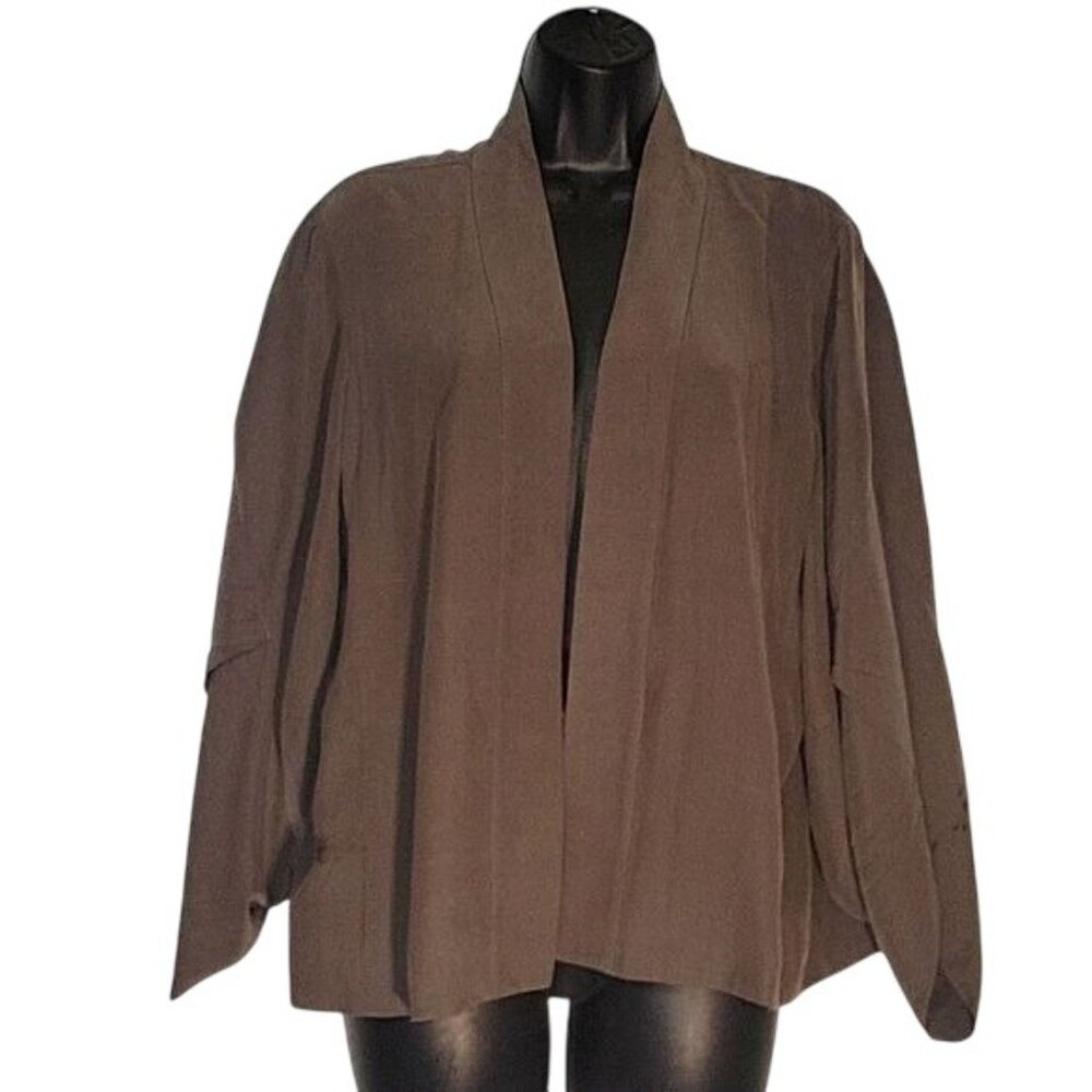 Eileen Fisher Womens Open Front Jacket L Brown Silk Blend